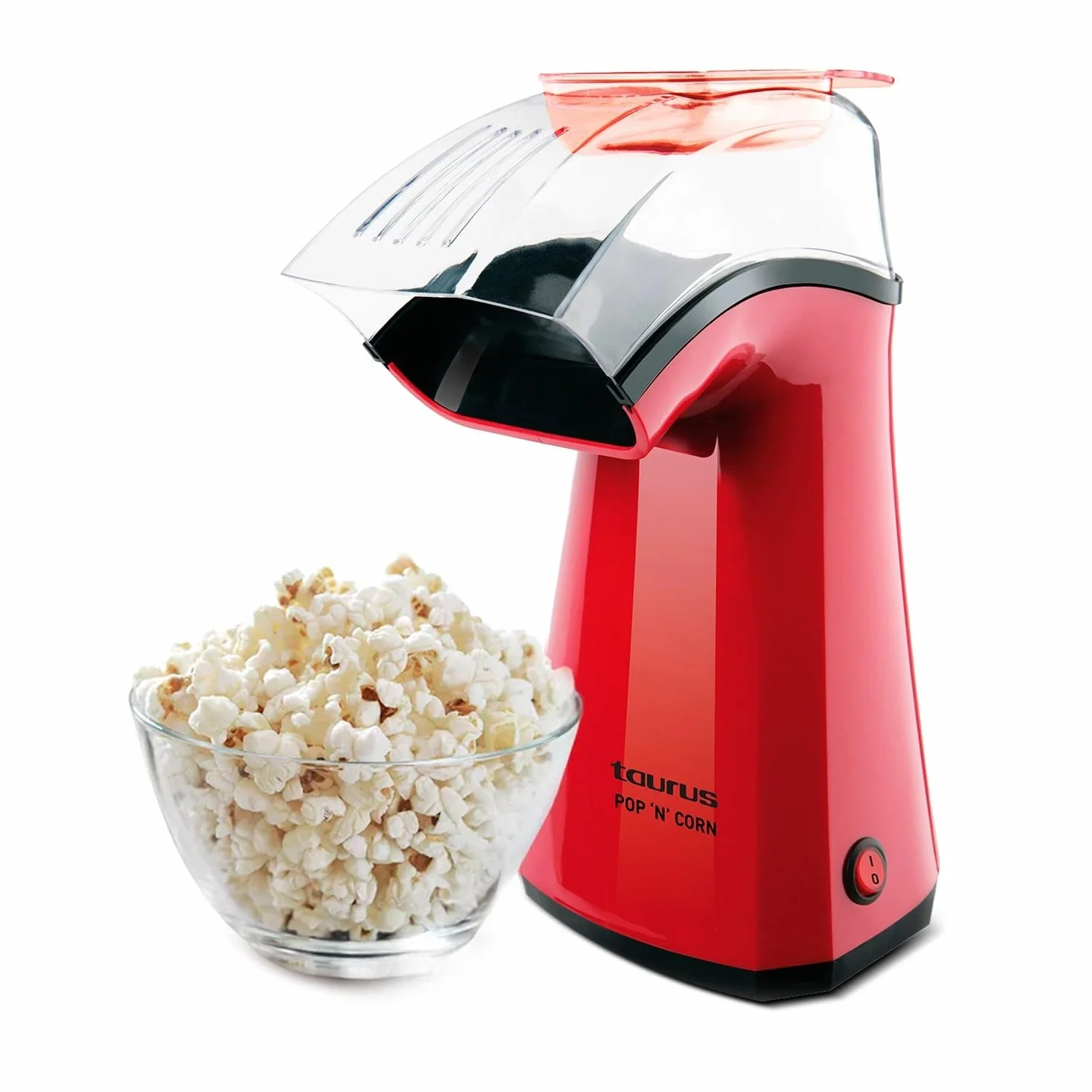 Taurus - macchina per popcorn + 1100 W | popcorn senza olio, aria calda | pronta in 3 minuti | coperchio dosatore trasparente | compatta e portatile | facile da pulire | rossa