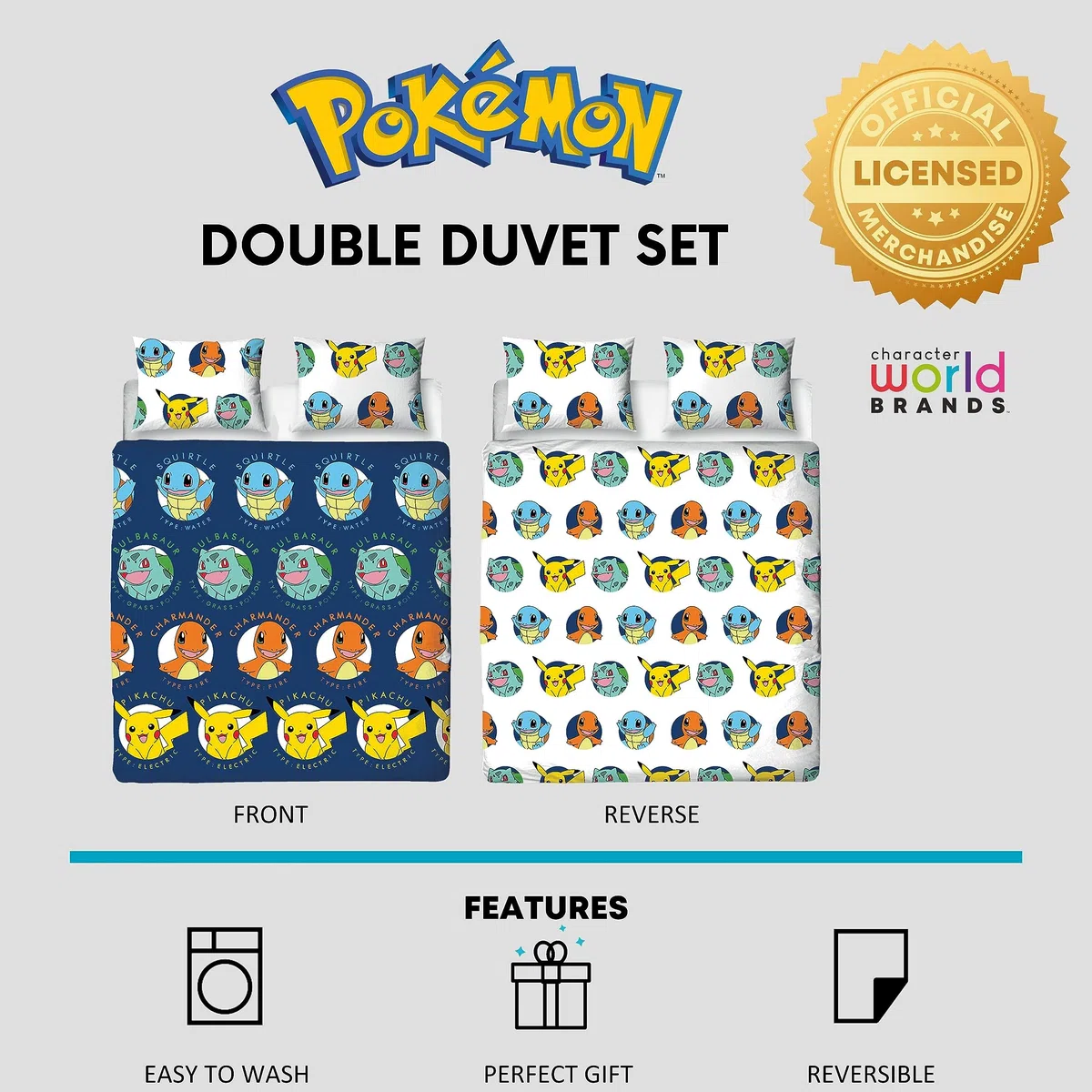 Character World Set copripiumino matrimoniale ufficiale Pokemon Gotta Design | blu reversibile Pikachu Squirtle Charmander 2 lati biancheria da letto prodotto ufficiale con federe coordinate