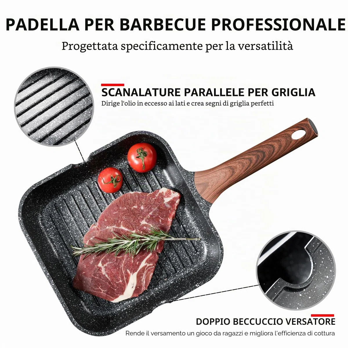 Kordisen Padella Bistecchiera Antiaderente 28 cm – Griglia Quadrata con Rivestimento in Granito, Doppio Beccuccio, Adatta a Tutti i Piani Cottura Inclusa Induzione, Senza PFOA