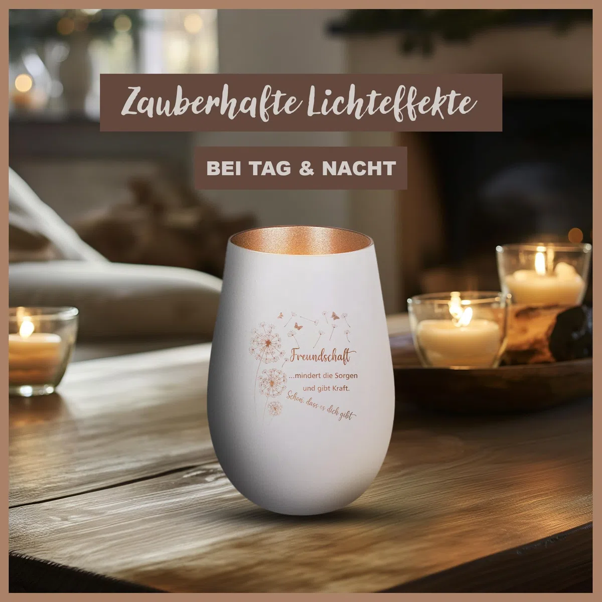 Portacandela antivento con incisione dell'amicizia riduce le preoccupazioni, bronzo bianco, portacandele in vetro con scritta, decorazione da tavolo moderna