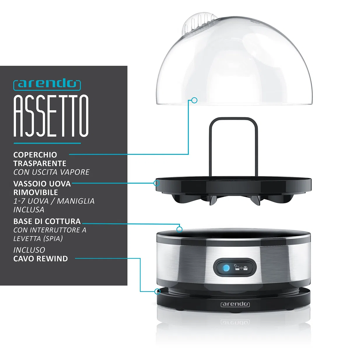 arendo - Cuociuova Sevencook - da 1 a 7 Uova - Bollitore per Uova in Acciaio con Funzione di Mantenimento del Calore - Grado di durezza Regolabile alla Coque Medio e sodo - Nero Argento