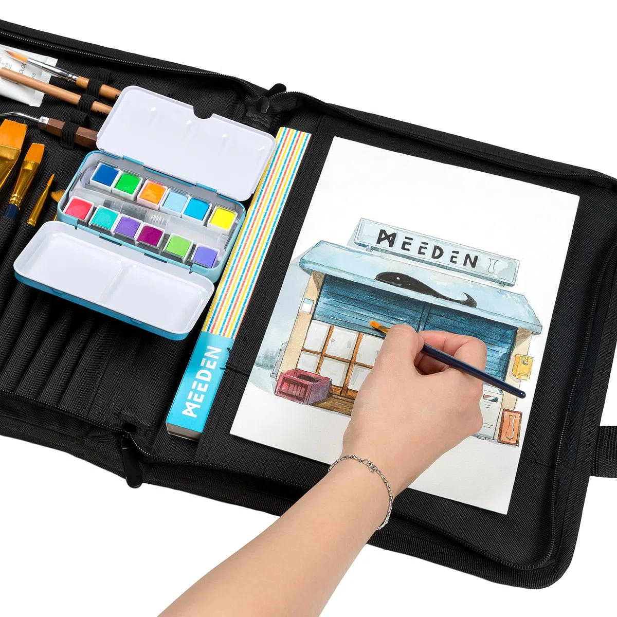 MEEDEN Art Portfolio Sketch Bag: custodia portatile per artisti, per album da disegno e acquerelli da 22,9 x 30,5 cm, con cerniera, per pennelli e penne, accessori artistici su tela, Nero, Forniture