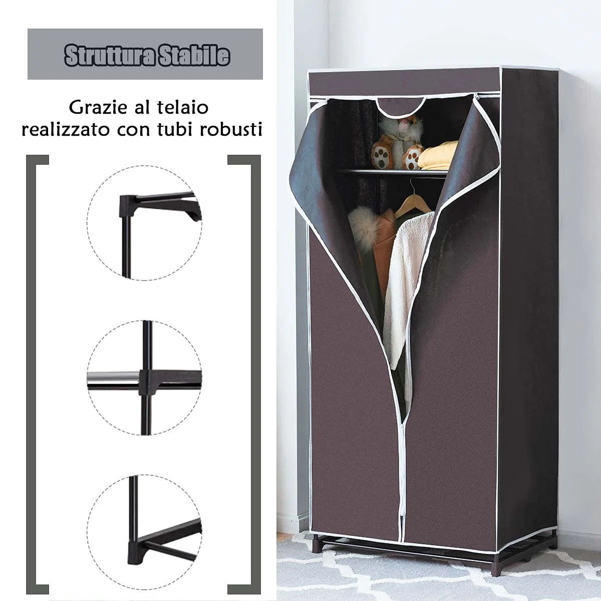 RELAX4LIFE Guardaroba in Tessuto, Armadio Appendiabiti Salvaspazio per Camera da Letto, Cabina Portabiti Richiudibile con Cerniera, Armadio Singolo per Vestiti, Abiti, Scarpe (marrone)