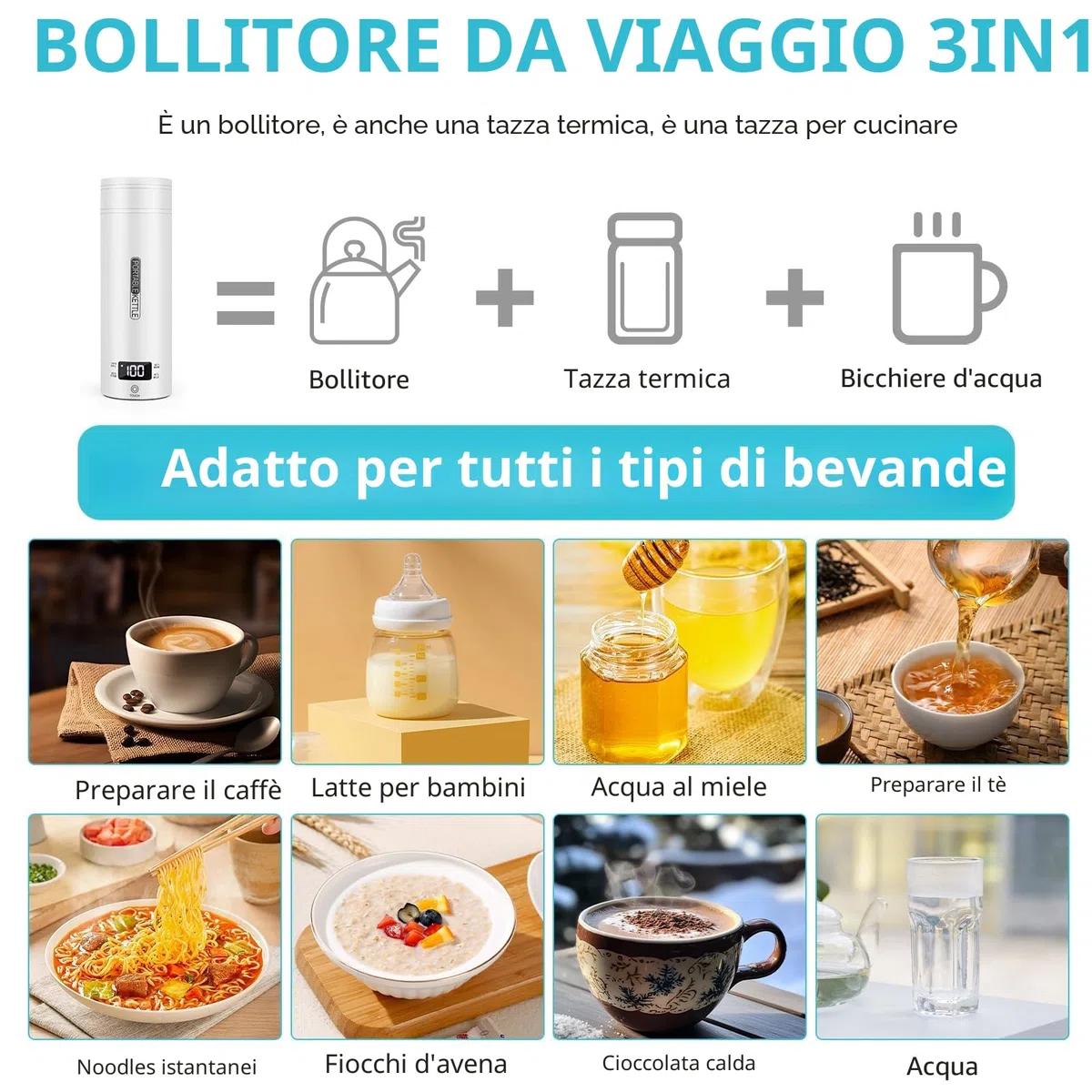 Bollitore Elettrico da Viaggio,450 ml Mini Bollitore Portatile,Tazza D'acqua in Acciaio Inox 316 con Regolazione Della Temperatura,Spegnimento Automatico per Latte per Bambini,Tè, Caffè,Campeggio