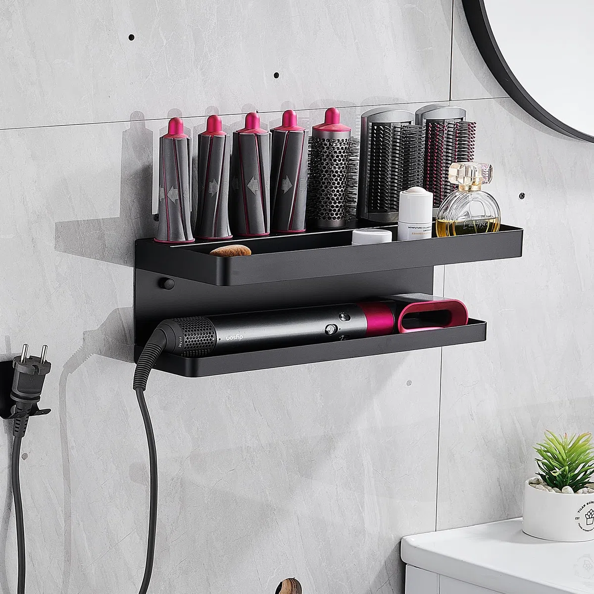2 in 1, supporto da parete per asciugacapelli Dyson Airwrap, senza foratura, facile da riporre esteticamente gradevole, per asciugacapelli Dyson, supporto da parete e organizer in materiale