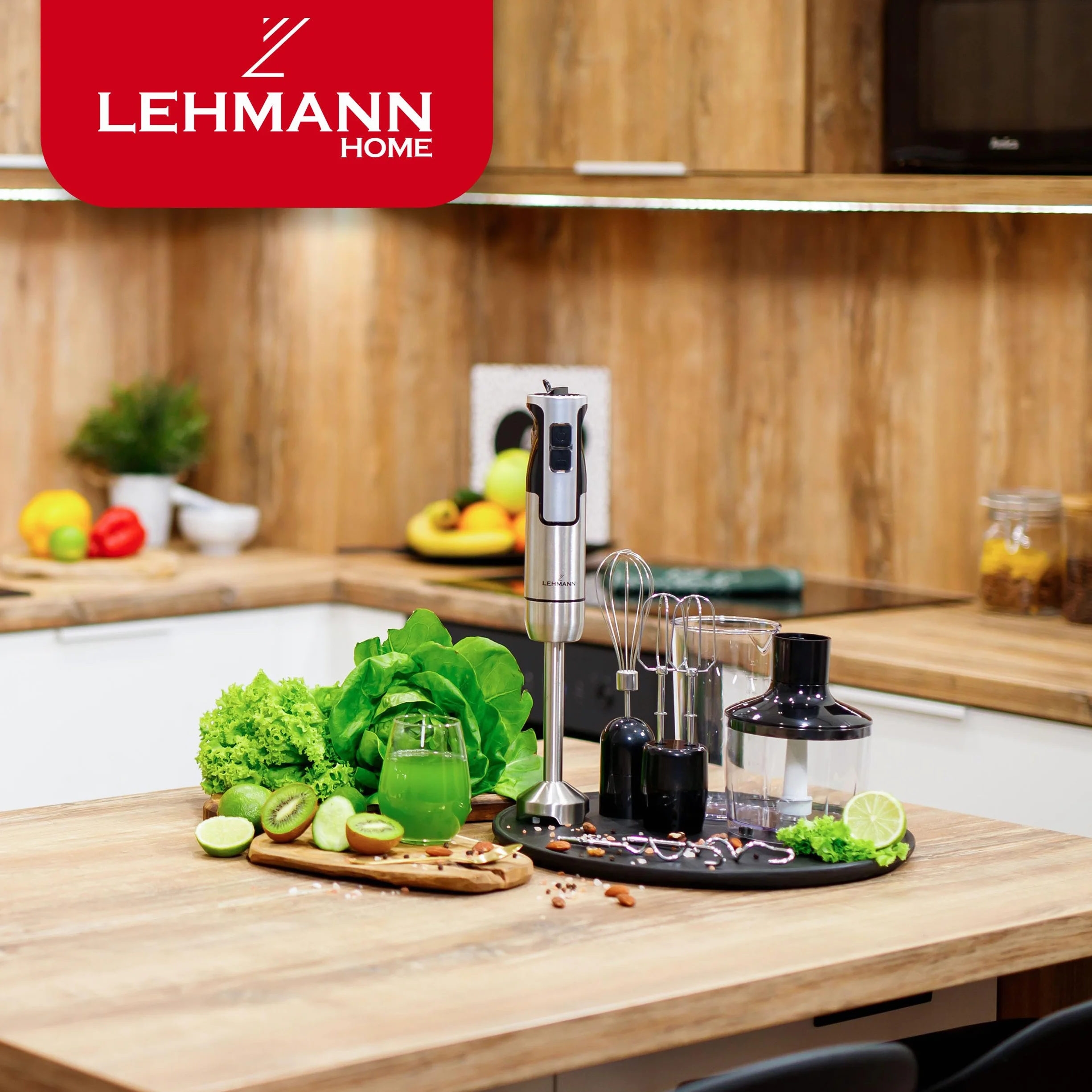 LEHMANN Chowmei Frullatore a Immersione 1200 W, Set 5-in-1 con Frusta, Sbattitore, Tritatutto 600 ml, Misurino 860 ml, Regolazione Velocità a 8 Livelli, Funzione Turbo, Senza BPA, Argento