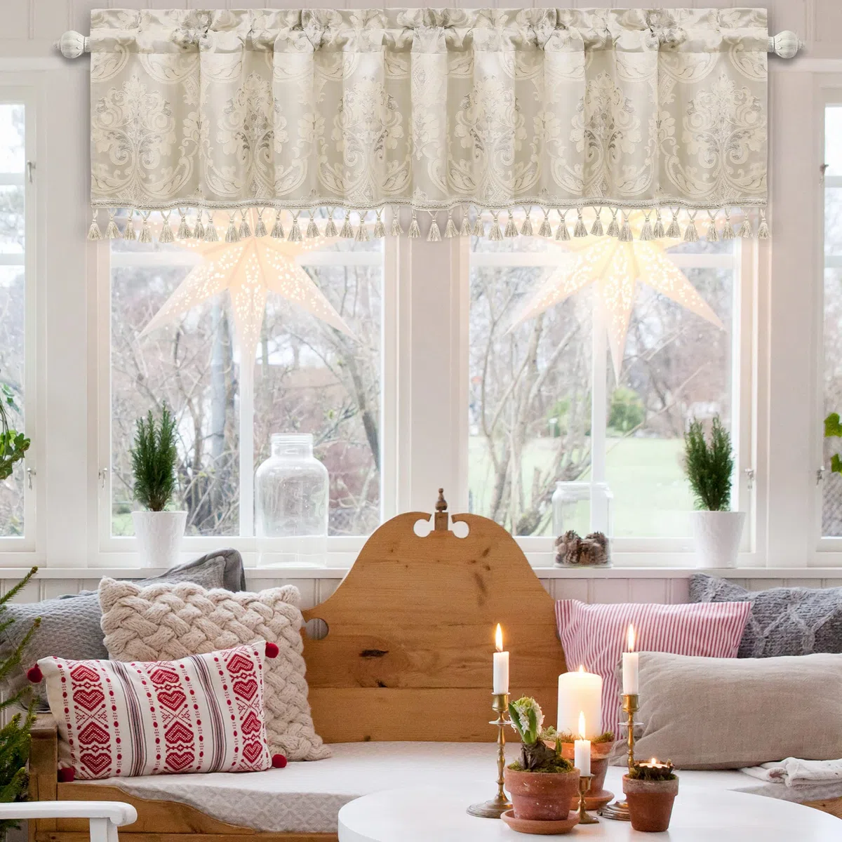Tenda per Finestre 137x46cm, Mantovana Damascata con Nappe, Tenda Corta per Camera da Letto Soggiorno Cucina, Decorazione Natalizia (Champagne Limpido)