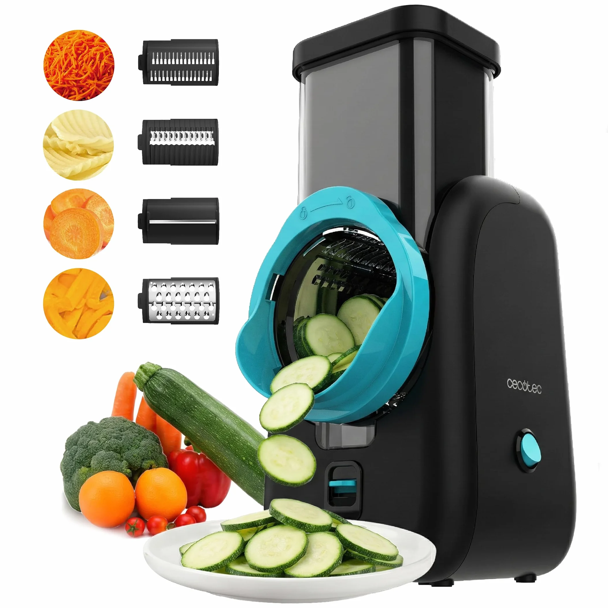 Cecotec Tagliaverdure Cubetti Elettrico Salad Maker Total Blade Full Black.Robot Cucina, 4 Cilindri Intercambiabili, Taglia, Grattugia, Affetta, Smontabile, Compatto, Insalate Fresche in Pochi Secondi