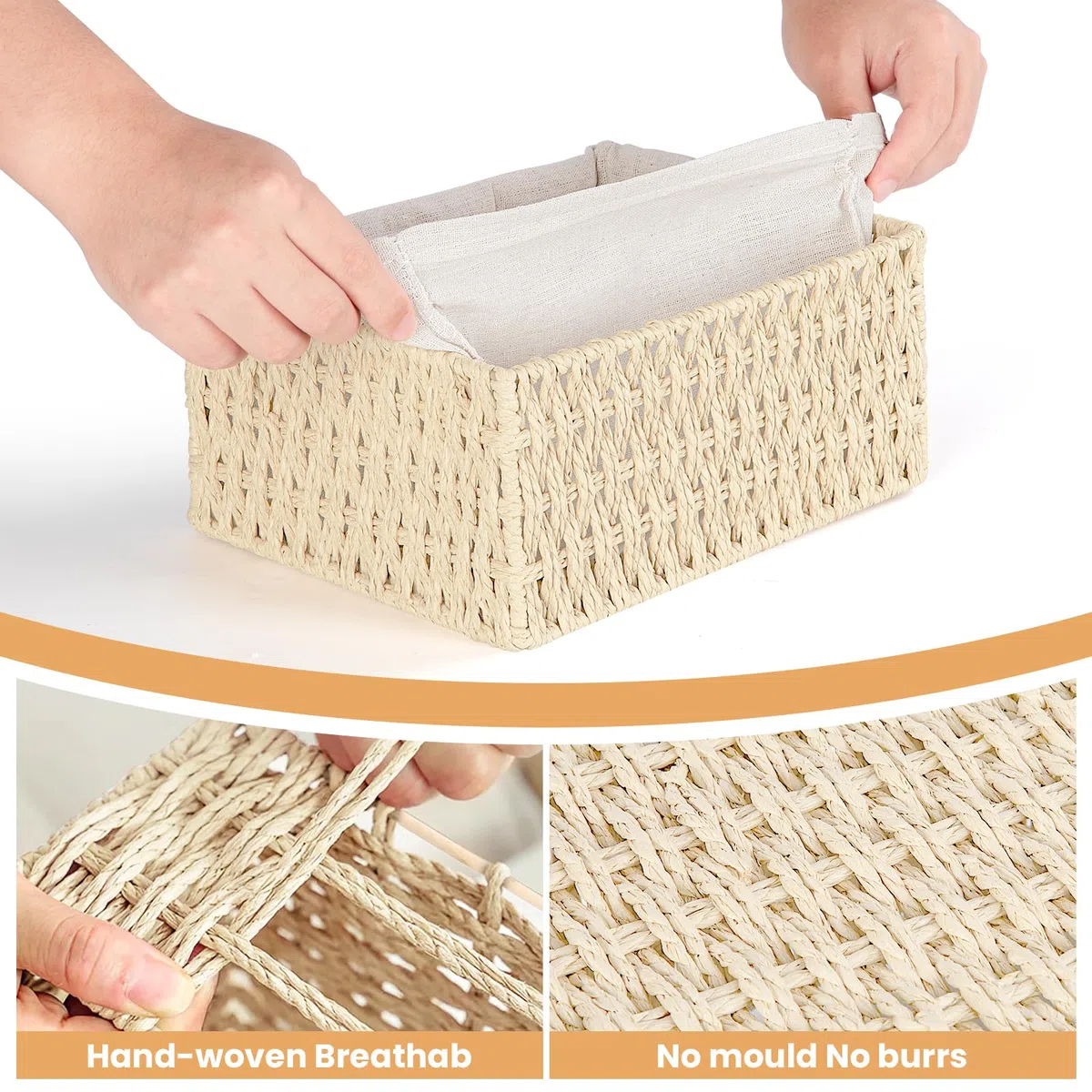 Set di 4 Cestini Portaoggetti in Corda di Carta, Cesto Vimini Intrecciato a Mano per Bagno, Camera dei Bambini, Cucina e Soggiorno - Ideale per Giocattoli, Cosmetici e Organizzazione(Beige)