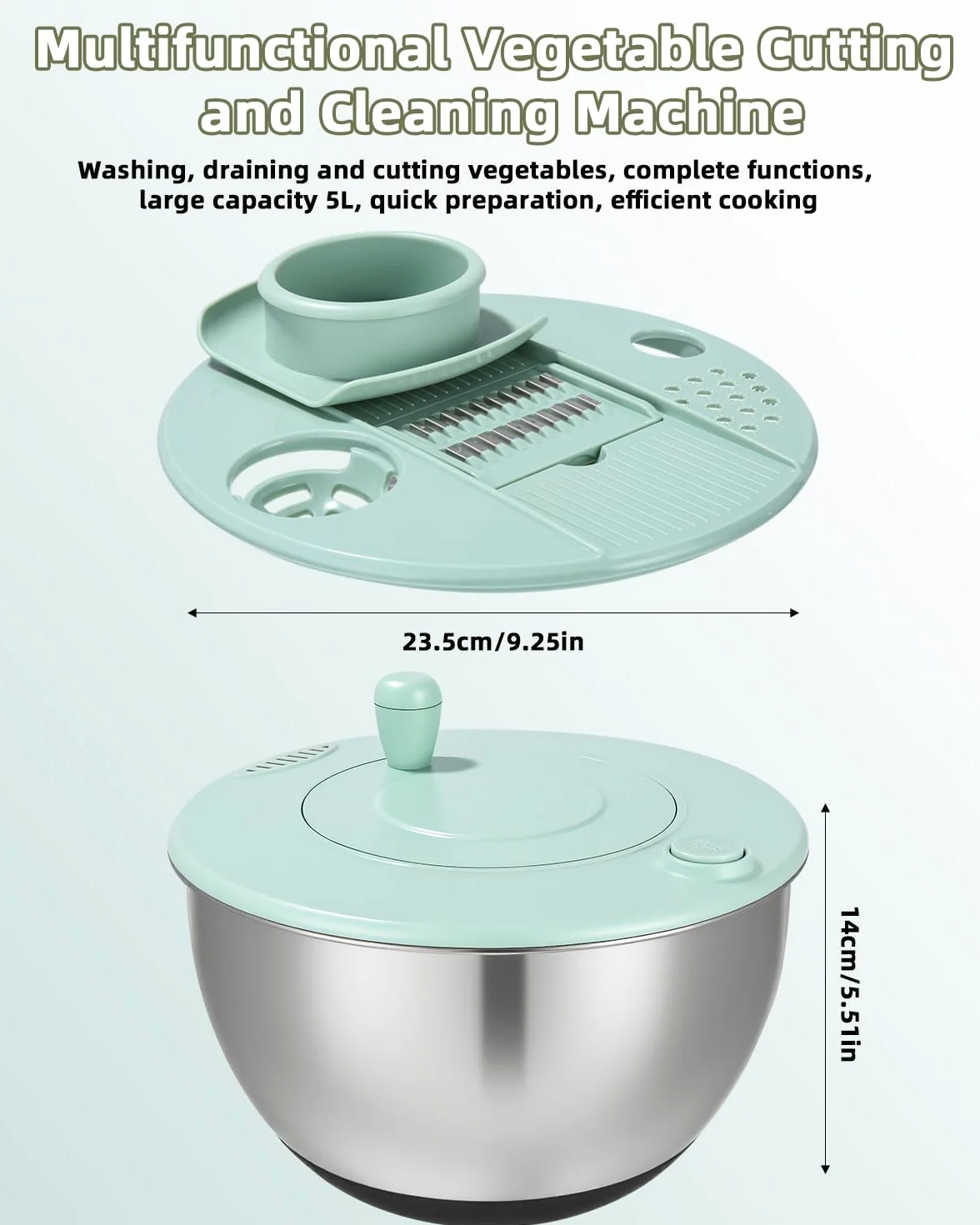 5 l, centrifuga per insalata con coperchio con 6 taglierine e 1 tagliere, centrifuga per insalata, in acciaio inox, utilizzata per pulire insalate, verdure, frutta, asciugare e tagliare