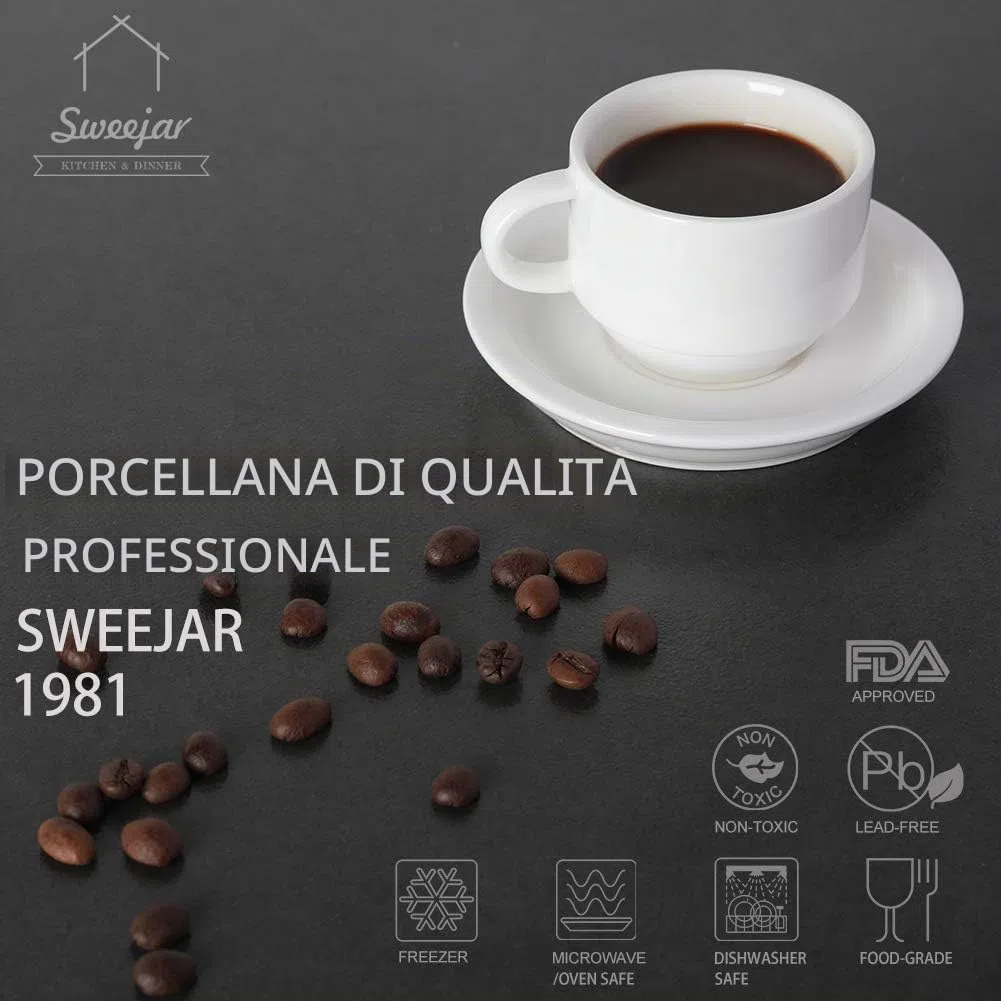 Sweejar Set di 6 tazze da caffè e piattino, impilabili, in porcellana Demitasse con supporto in metallo, 70 ml, per latte, caffè, cappuccino, tè bianco