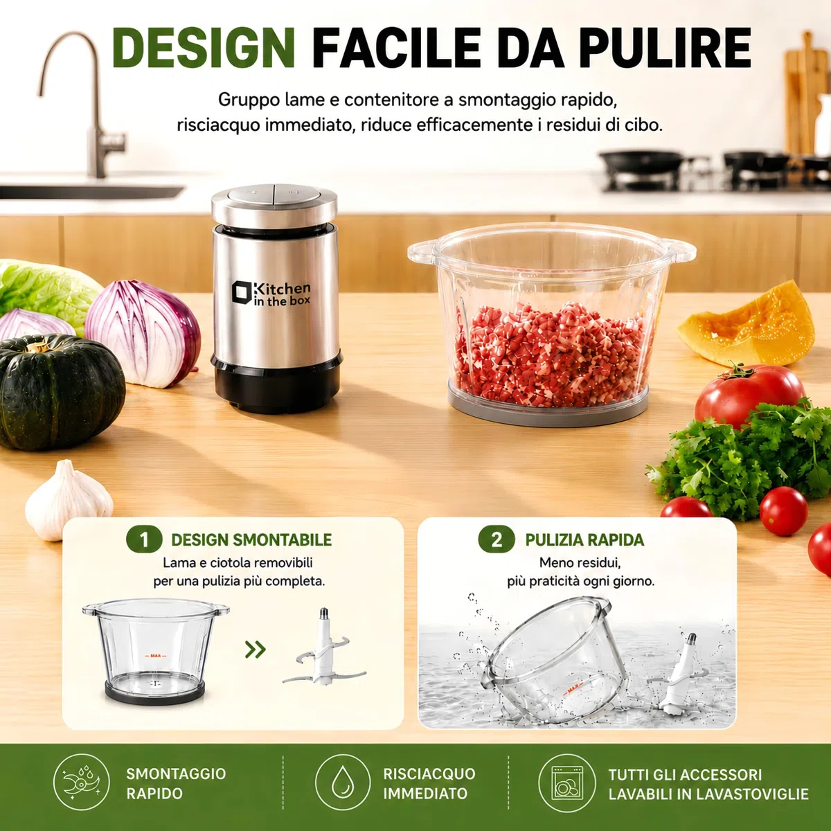 Kitchen in the box Tritatutto 2L con 2 Ciotole,Tritatutto da Cucina con 2 Set di 4 Lame in Acciaio inox,Tritatutto Elettrico a 2 Velocità per Verdure,Carne,Frutta Secca,400W