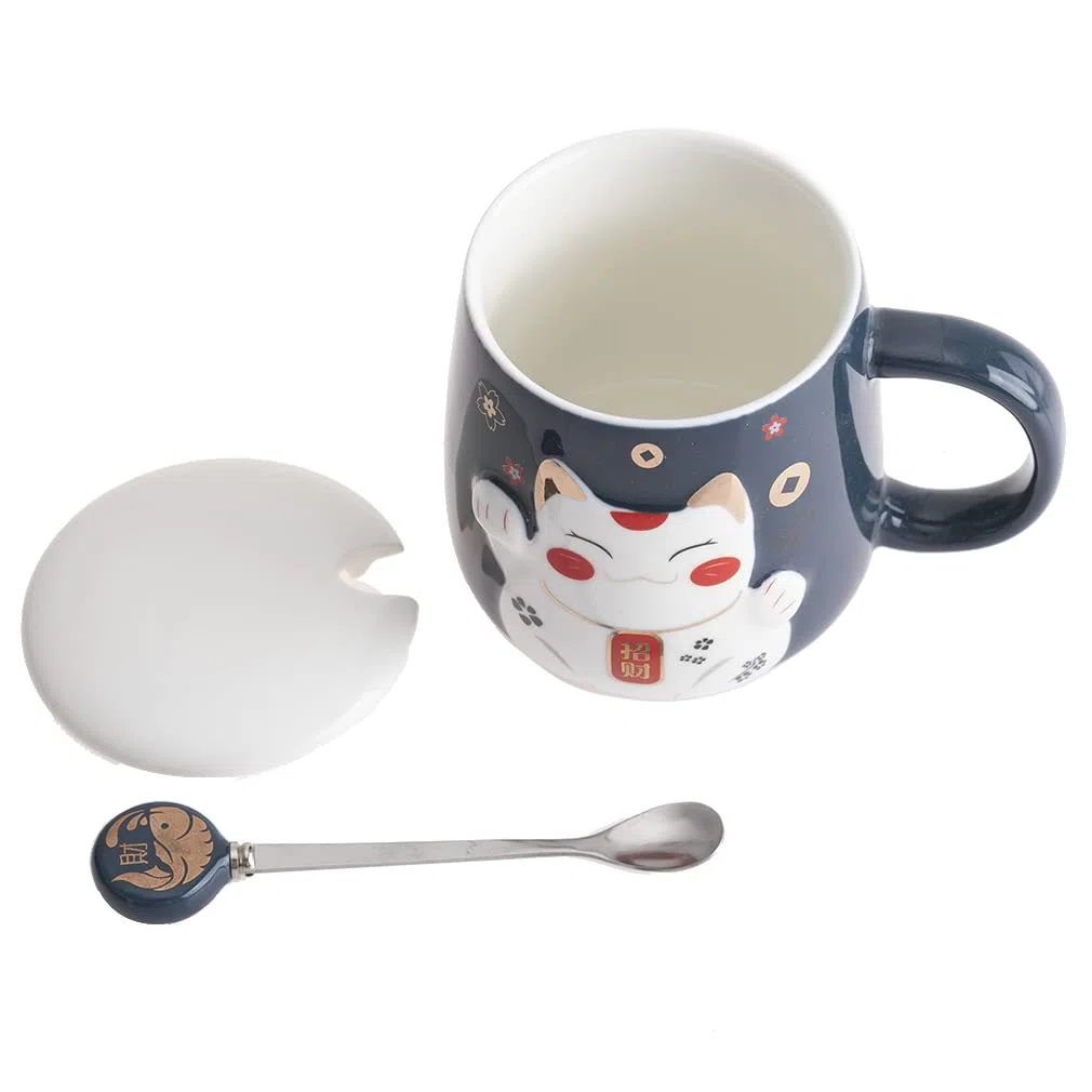 lachineuse - Tazza in rilievo - Decorazione gatto Maneki Neko - Tinta blu - Accompagnata dal suo cucchiaio - Decorazione giapponese - Idea regalo Giappone Asia