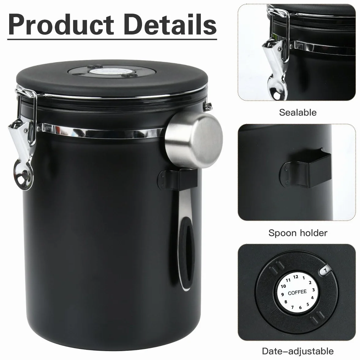 Inossidabile 304 Contenitore per Caffè, Barattolo Caffè Ermetico con Cucchiaio, Contenitore per Chicchi di Caffè, Barattolo Caffe Ermetico 2,8L, Chicchi di Caffè, Tè e Noci - Nero