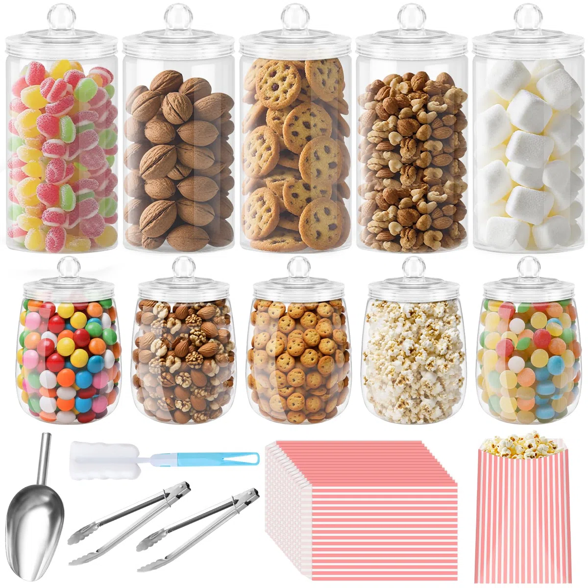 Mssushi 10 Barattoli di Caramelle con Coperchi, Barattoli di Vintage con 2 Pinze, 1 Spatola e 60 Sacchetti di Carta A righe, Set da Buffet di Caramelle per Feste, Compleanni, Celebrazioni