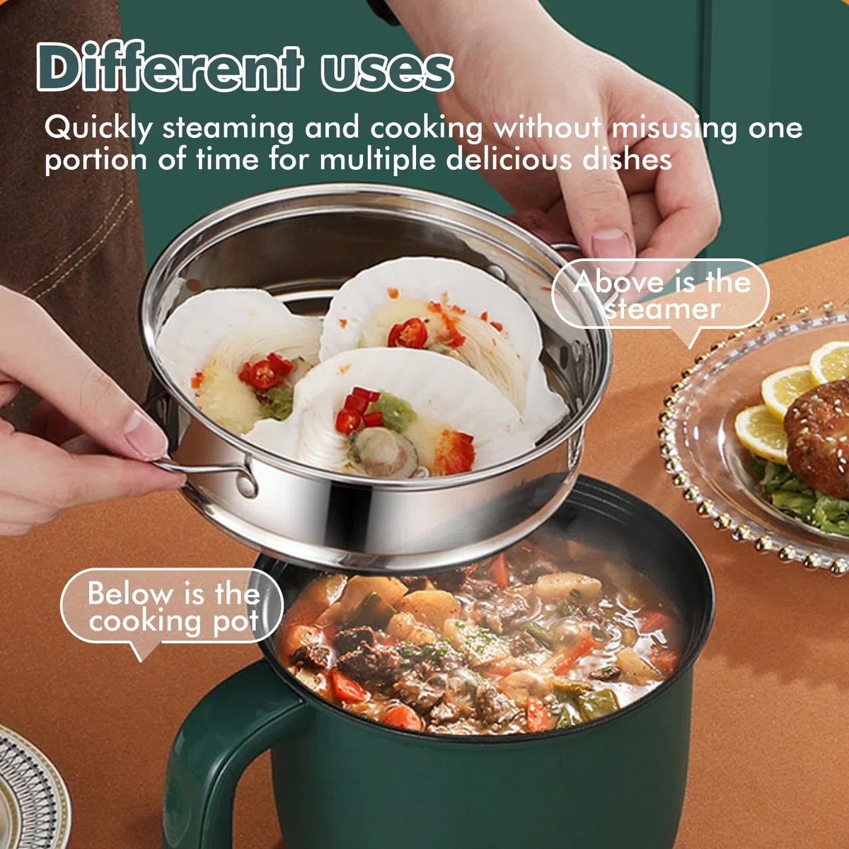 Hot Pot elettrico 1,5 l, mini forno antiaderente portatile, pentola elettrica con vapore, pentola elettrica con doppio controllo di potenza, per casa, ufficio e dormitorio (verde)