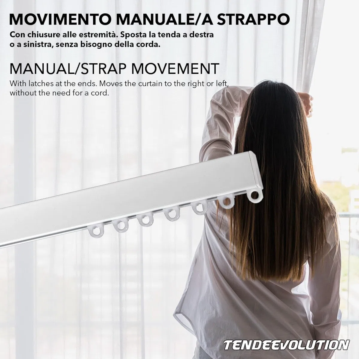 Binario Tenda Soffitto Lineare in Alluminio Bianco Personalizzabile, Completo di Accessori per il Fissaggio, Movimento Manuale, Bastone Tende a Soffitto o Parete (280CM MOVIMENTO MANUALE SENZA CORDA)