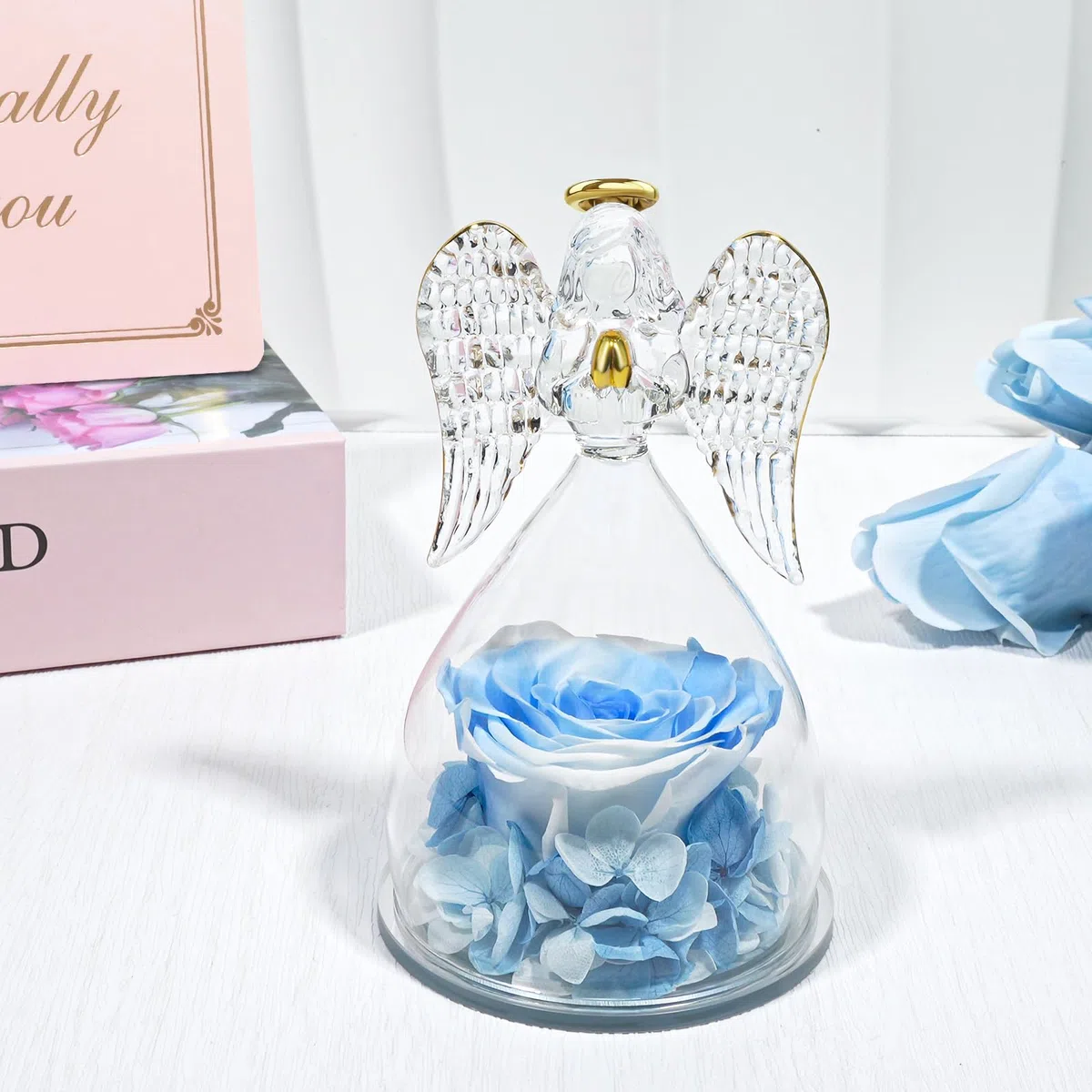 Yamonic Rosa Eterna Regalo Donna, Rosa Stabilizzata con Angelo di Vetro Regalo Mamma Compleanno, Angeli Custodi Regali Nonna, Statuette Angeli con Fiori Eterni Festa della Mamma Idee Regali Natale