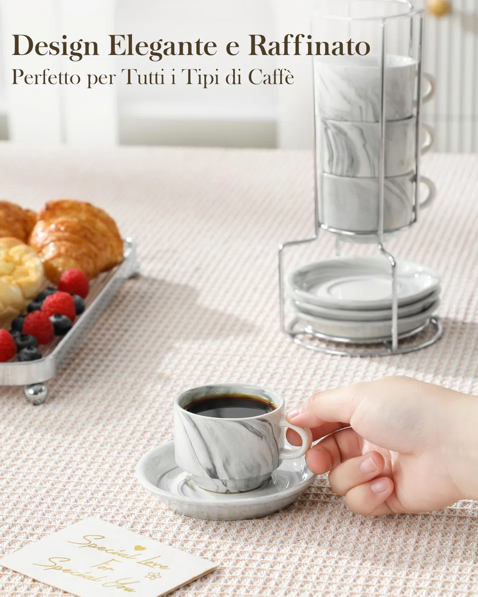 MALACASA Set di 4 tazze da espresso da 75 ml, a parete spessa con piattini e supporto, impilabili, tazze italiane in porcellana grigia, lavabili in lavastoviglie, serie regolare