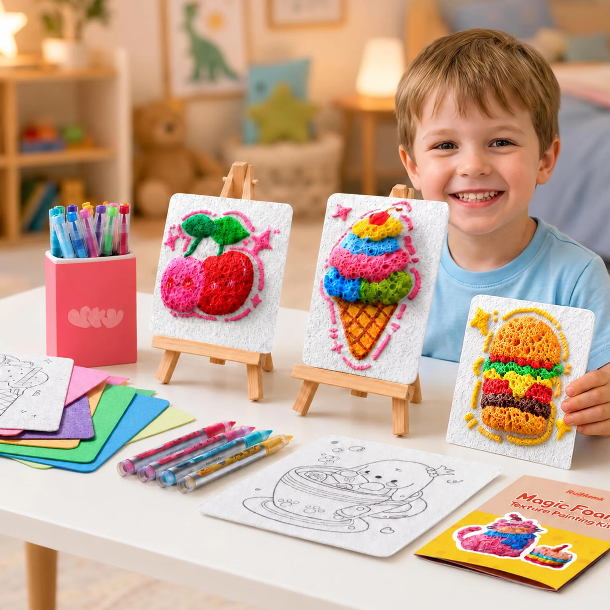 RuiHawk Kit di Pittura a Texture Schiuma 3D Magica da 75 Pezzi – Crea con Puffy Paint e 24 Pennarelli Auto-Flow, 38 Fogli Texture e Perline, Kit Creativo e Regalo per Bambini 5, 6, 7, 8, 9 Anni
