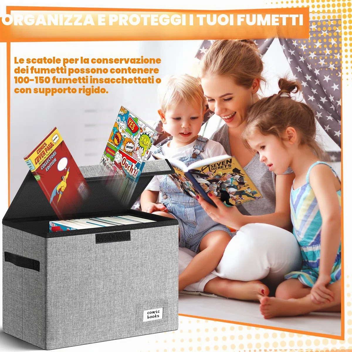 Leffis Scatola per fumetti, 39,4 x 19,1 x 28,7 cm, scatola corta pieghevole con coperchio, contiene 150 fumetti (confezione da 2, grigio)