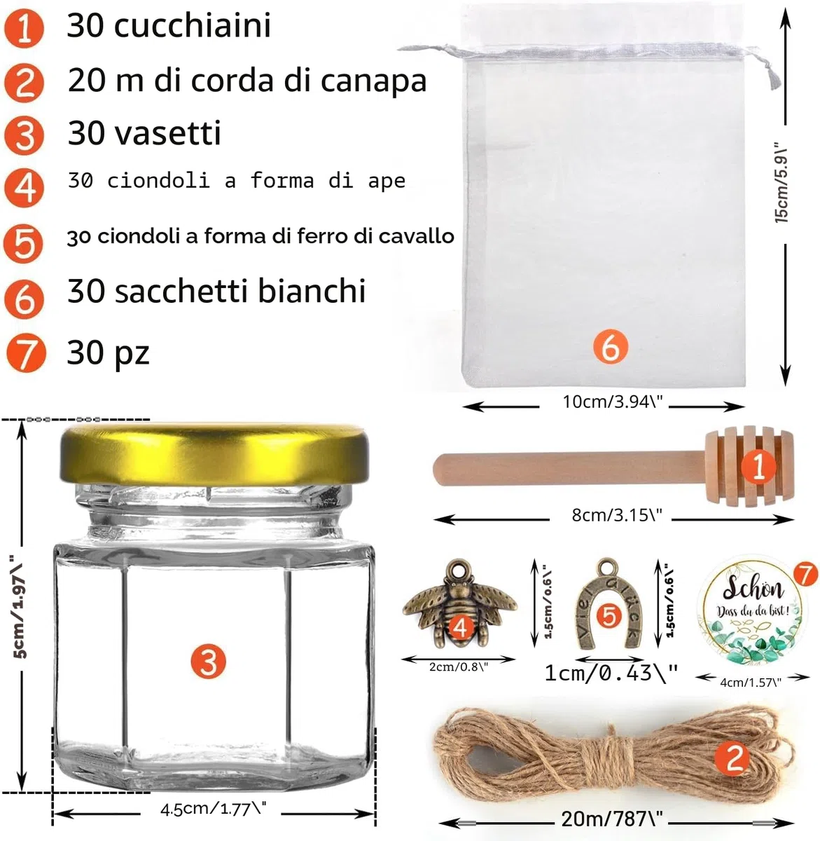 30 Pezzi Mini Vasetti Set Miele,45ml Vasetti Vetro Piccoli,Contenitore Miele Barattolini Vetro Piccoli con Tappo,Con Dippers, Miondoli di Api, per Bomboniere Battesimo, Matrimoni e Feste