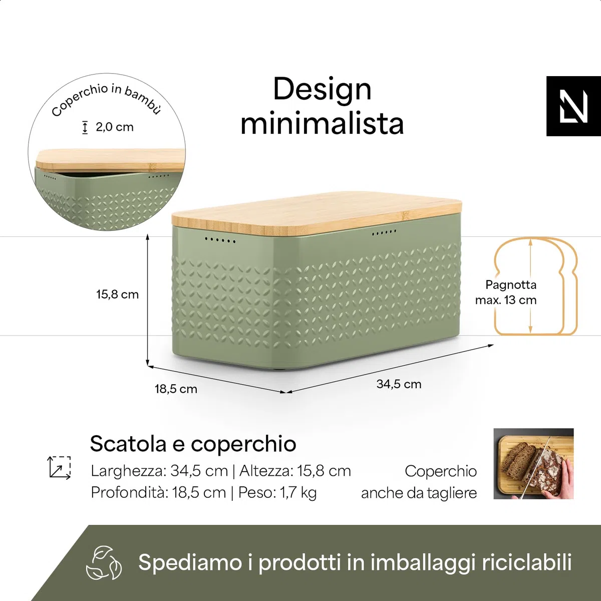LARS NYSØM Portapane in metallo I Portapane per freschezza duratura con piedini antiscivolo I Coperchio in bambù adatto come tagliere | 34,5x18,5x15,8cm (Sage Green)