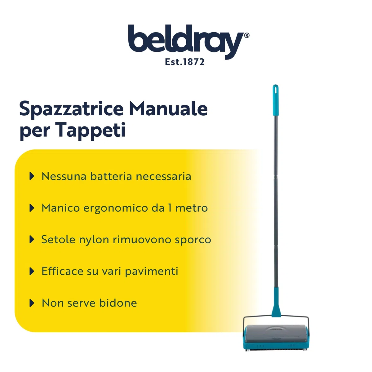 Beldray LA024855TQ Spazzatrice manuale per tappeti con pettine a spazzola, perfetta per raccogliere capelli, sporcizia, Ewbank, raccoglie briciole, peli di animali domestici, Facile svuotare, Turchese