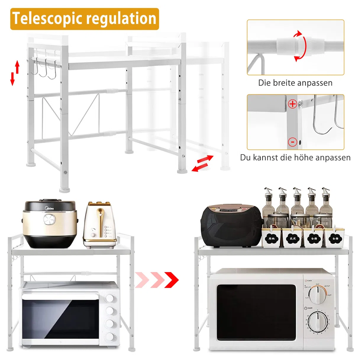 OUUTMEE Scaffale per microonde, supporto per microonde, materiale in acciaio al carbonio, supporto per microonde, piano cucina, stabile e forte, bianco, 2 livelli