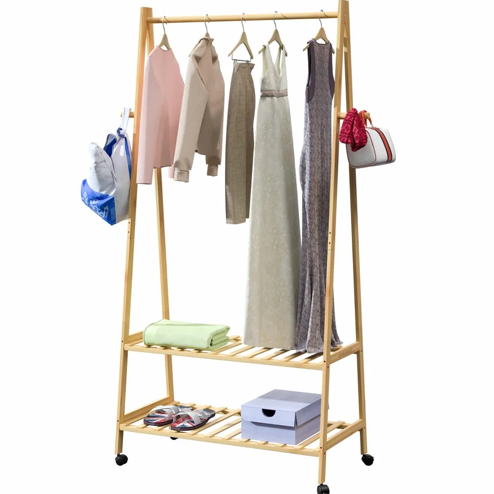Casaria® Appendiabiti in Legno con Rotelle e Ripiani Attaccapanni Stabile in Bambù incl. 4 Ganci Porta Abiti 155x70cm da Corridoio Portabiti