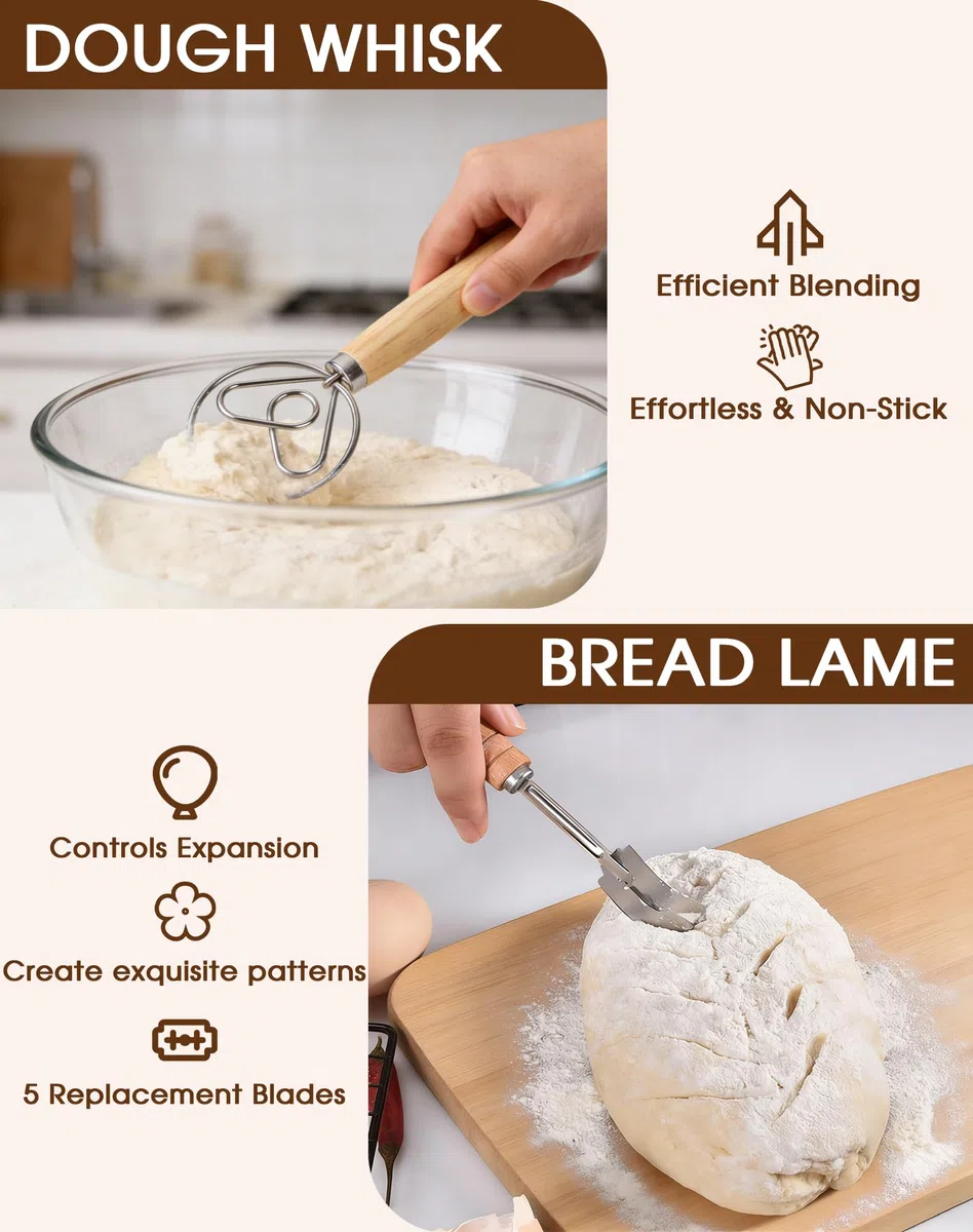 Cestino Lievitazione Pane Rotondo 23cm – 10 Pezzi Kit Completo di Panettiere con Banneton in Rattan Naturale, Sourdough Starter Kit, Lame con 5 Lame, Tappetino in Silicone, Raschietto e 16 Stencil