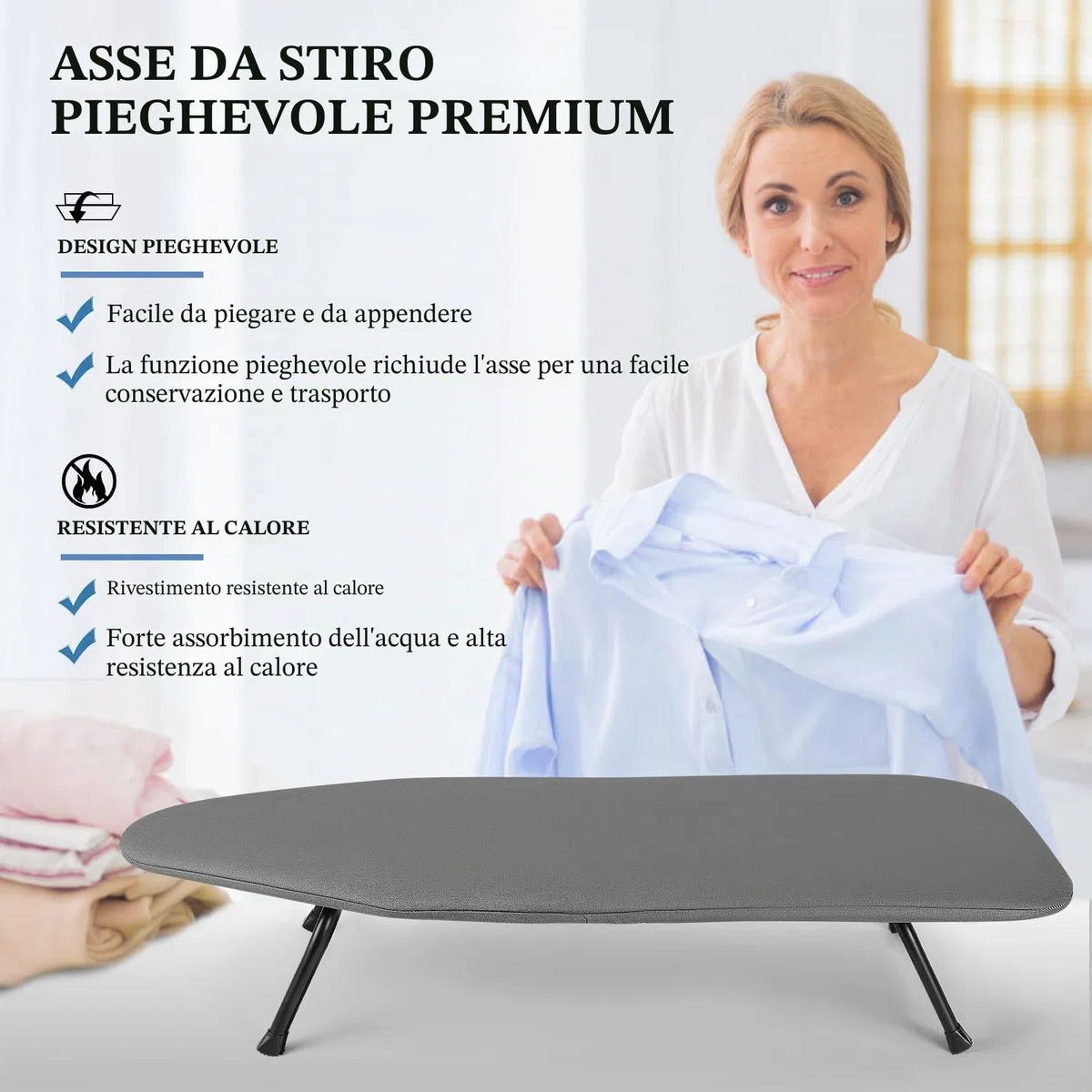 Piccolo Asse da stiro pieghevole salvaspazio, mini tavola con imbottitura antiscivolo per uso domestico, 77 x 32 cm