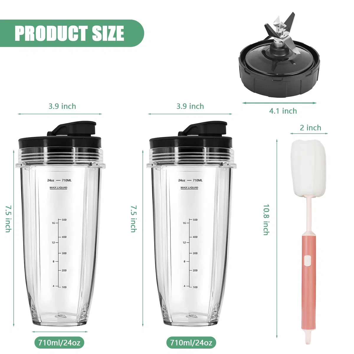 Tazze Frullatore con Lama Estraente 7 Pale per Nutri-2 Contenitori da 24oz (710ml) con Coperchi a Ribalta Portatili+Spazzola Pulizia Compatibile con BL480/BL490/BL640/BL682/NN102/BL2012/CT641