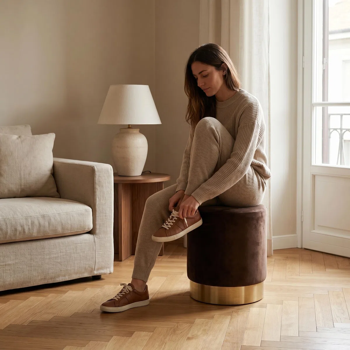 INTRECCI Pouf Cilindro in Velluto con Base Oro Elegante | Sgabello Poggiapiedi Imbottito per Salotto e Camera da Letto | Poltroncina Rotonda, Design Moderno | Ø 32 x H 40 cm – Colore: Beige
