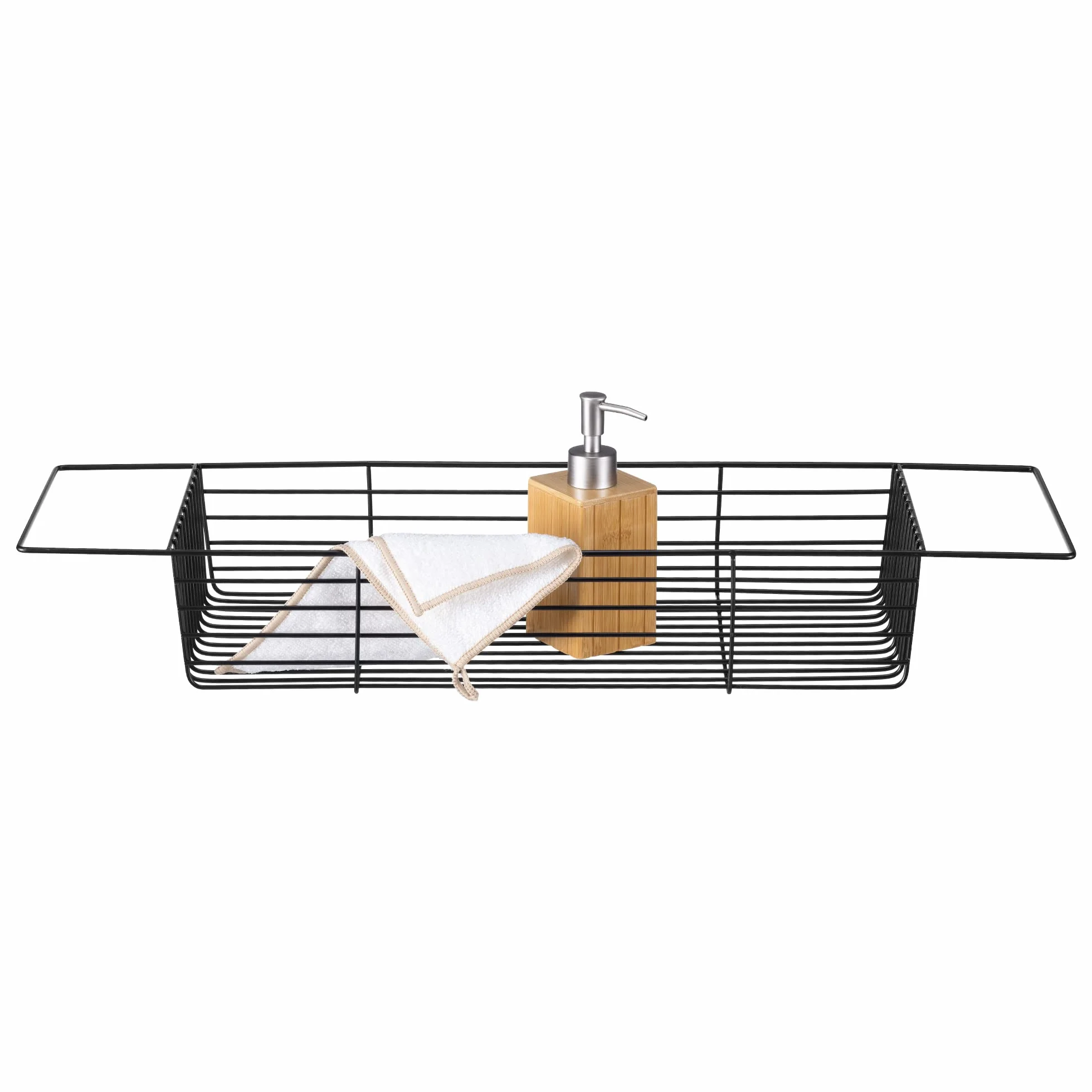 Navaris Vassoio Vasca da Bagno in Metallo - Cestino Portaoggetti 70x20x10cm - Mensola Porta Oggetti - Scaffale Organizer Porta Saponi - Tavolino Nero