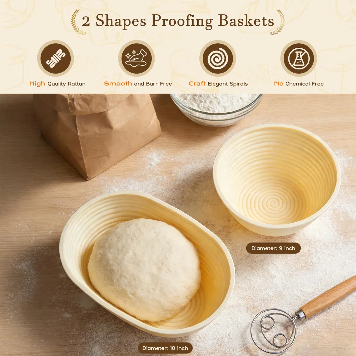 19 Pezzi Set di Cestini Lievitazione Pane 23cm e 25cm Cestino Lievitazione Pane con Raschietto per Pasta, Frusta per Impasto Kit Completo per Pasta Madre per Principianti, Panettiere Esperto