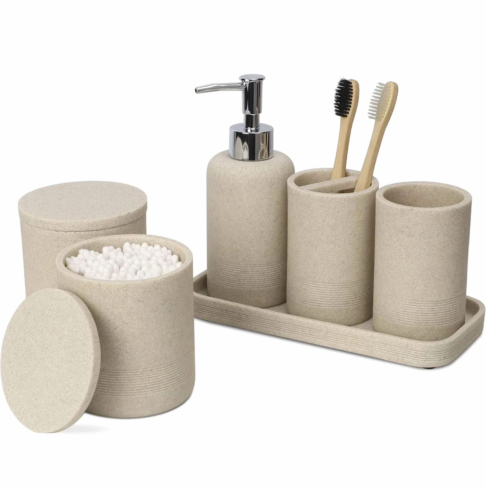 ZCCZ Set Bagno Accessori Completo 6 pezzi - Kit con Dispenser Sapone, Porta Spazzolino, Supporti Qtip, Bicchiere e Vassoio Vanità - Accessori Moderni per Bagno Elegante - Beige