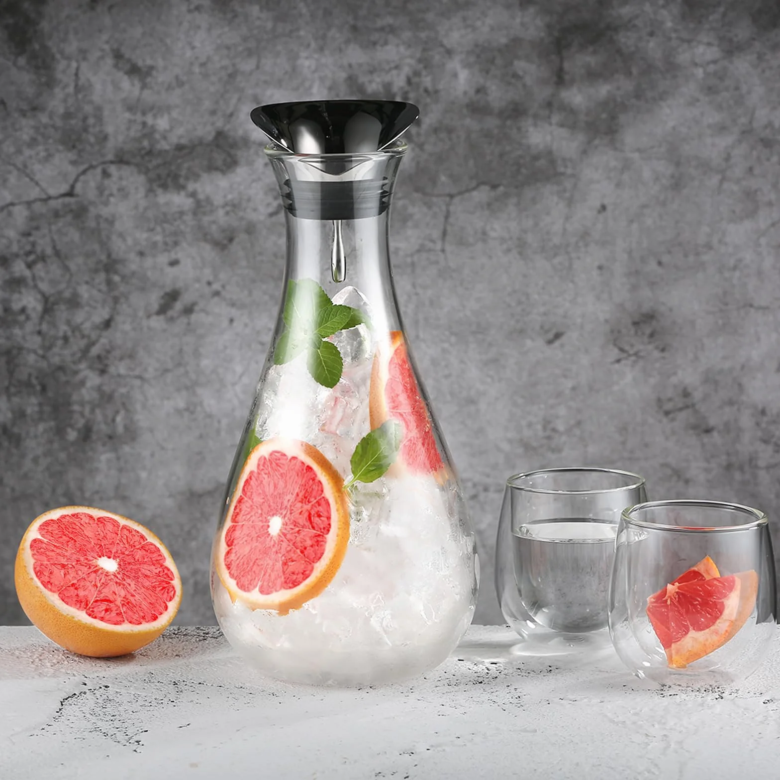ecooe Caraffa in vetro da 1,8 l, caraffa in vetro con coperchio in acciaio inox, brocca per acqua, succhi di frutta, bevande, brocca in vetro per acqua calda e fredda, bevande fatte in casa, tè freddo