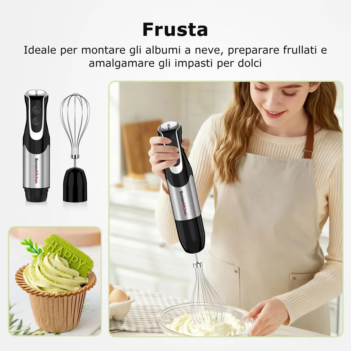 Bonsenkitchen Frullatore a Immersione 4 in 1, 1000W Inox con 12 Velocità e Turbo, Include Frusta, Bicchiere 700ml, Tritatutto
