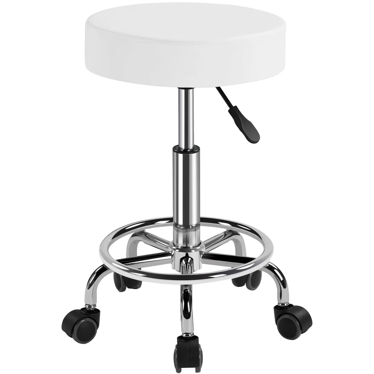 Yaheetech Sgabello con Ruote, Regolabile in Altezza, Sedia Rotondo Estetista con Rotelle Girevole, per Salone Toeletta Trucco Parrucchiere Poltrona Pedicure in Ecopelle, Bianco