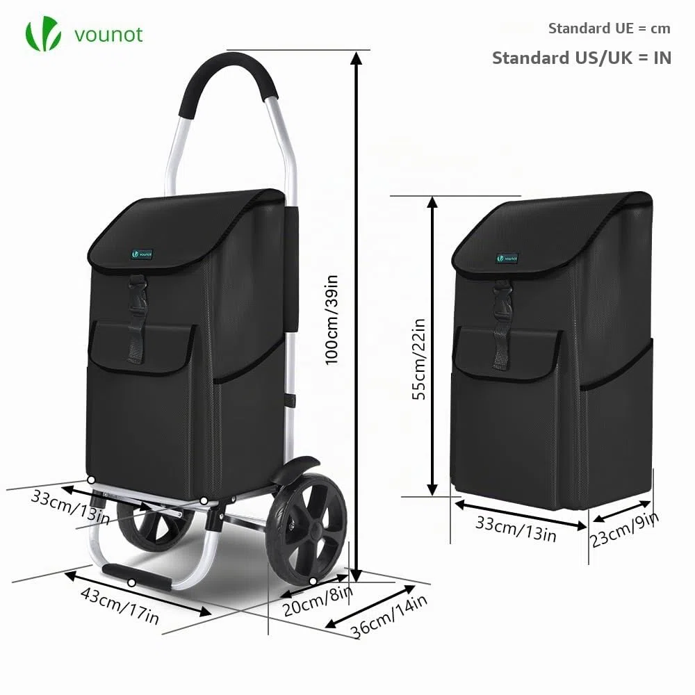 VOUNOT® Carrello della Spesa Pieghevole in Alluminio, Carrello Portaspesa con Borsa da 58L, Ruote Silenziose e Parafanghi, Nero