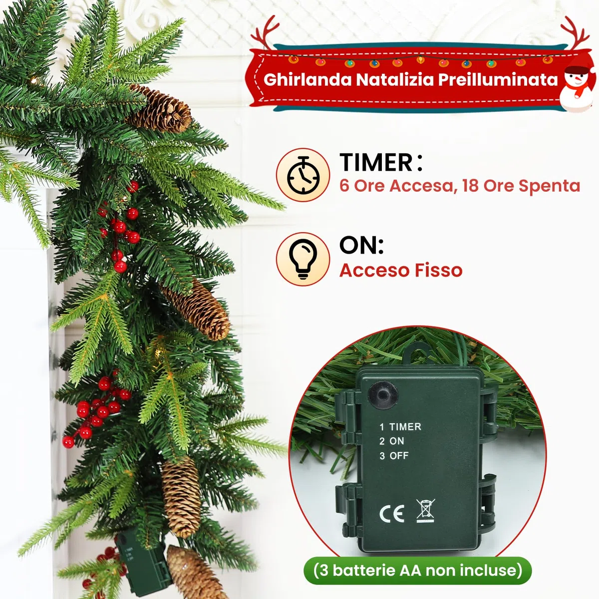 Ghirlanda Natalizia, 2.7M Ghirlanda di Natale per Porta Decorativa, Ghirlanda di Natale Artificiale con Luci 30 LED, Festone Natalizio Luminosa Adatto per Scale, Camino, Pareti, Esterno