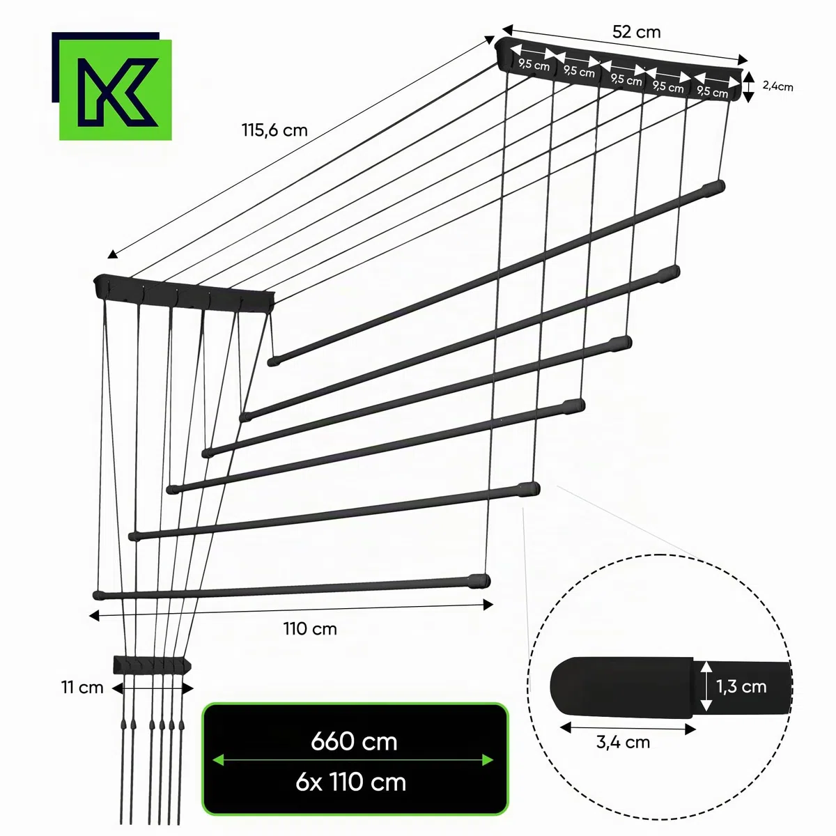 KADAX Stendibiancheria da Soffitto in Acciaio Rivestito in Polietilene, Stendino con Design Salvaspazio e Capacità di Carico di 12 kg (Nero, 6 x 110)