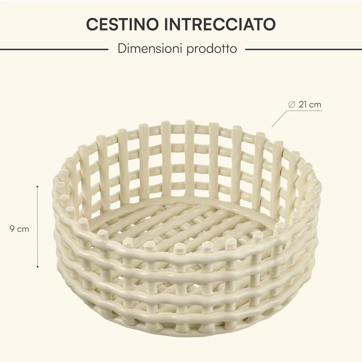 Baroni Home Cestino intrecciato multiuso in ceramica, Portafrutta, Centrotavola, Svuotatasche Tondo Bianco 21x21x9 cm