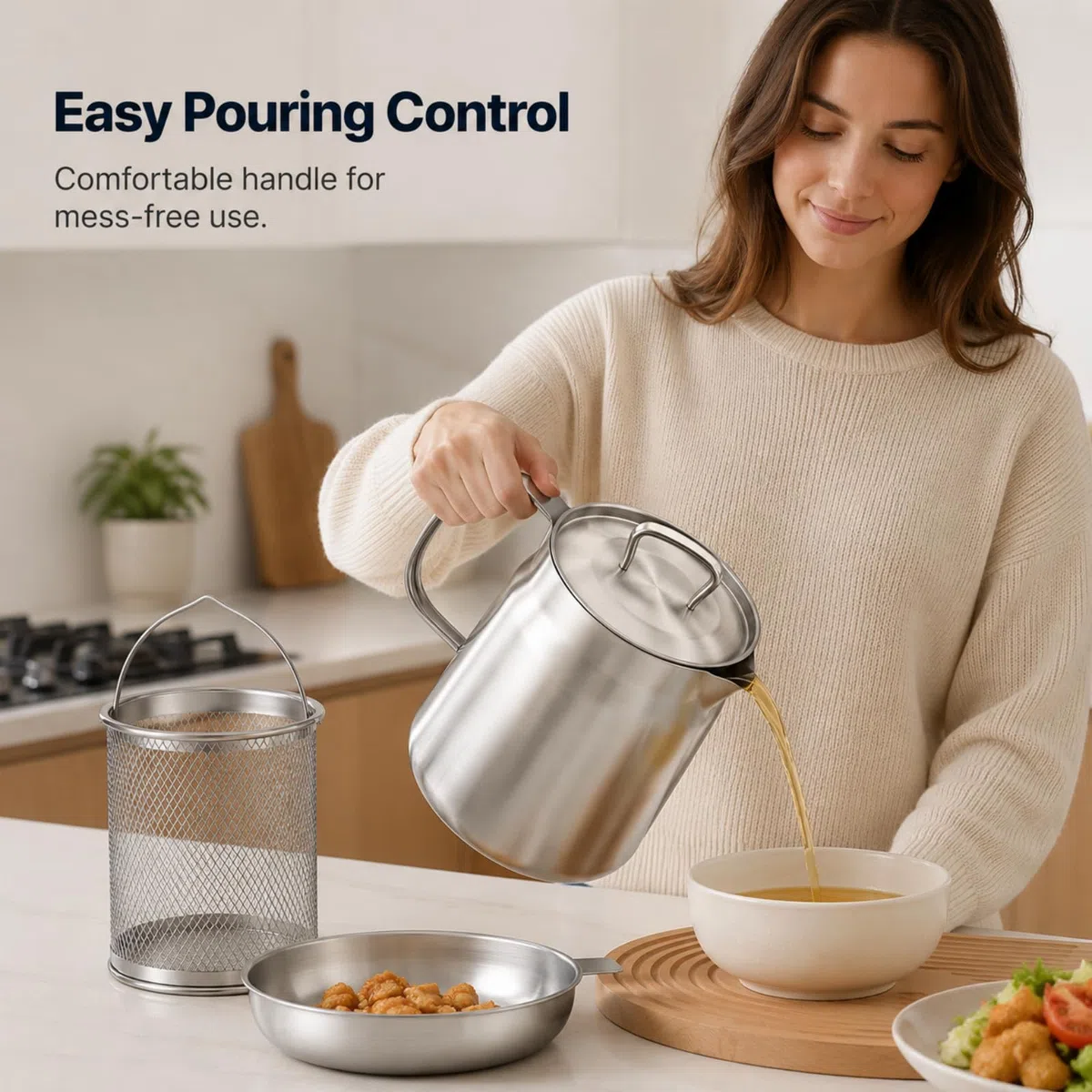2L Filtro Olio In Acciaio Inox, Contenitore Grasso Bacon con Filtro & Cestello Friggitrice, 2 In 1 Filtro Olio Pot, Colino, Separatore Olio Storage Gadget Da Cucina