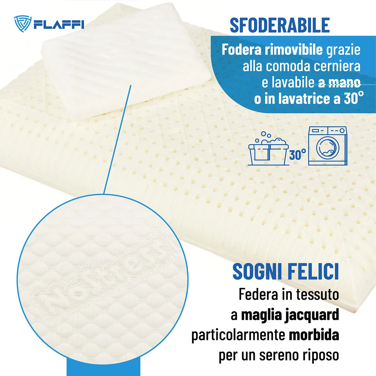 Flaffi Cuscino Letto Memory Foam - Guanciale Antisoffoco e Federa Antiacaro, Made in Italy, 70x40x13