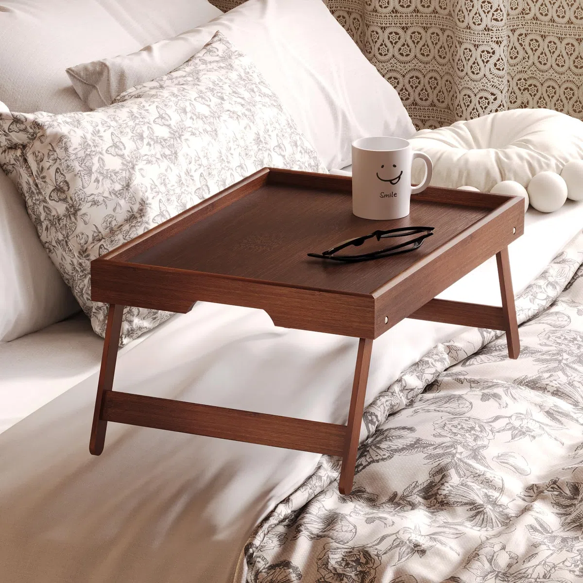 Fibogollo Confezione da 2 vassoi da letto in bambù con gambe pieghevoli, vassoi per colazione, vassoio da portata per cibo e snack, vassoi per computer portatile per lavorare (marrone)