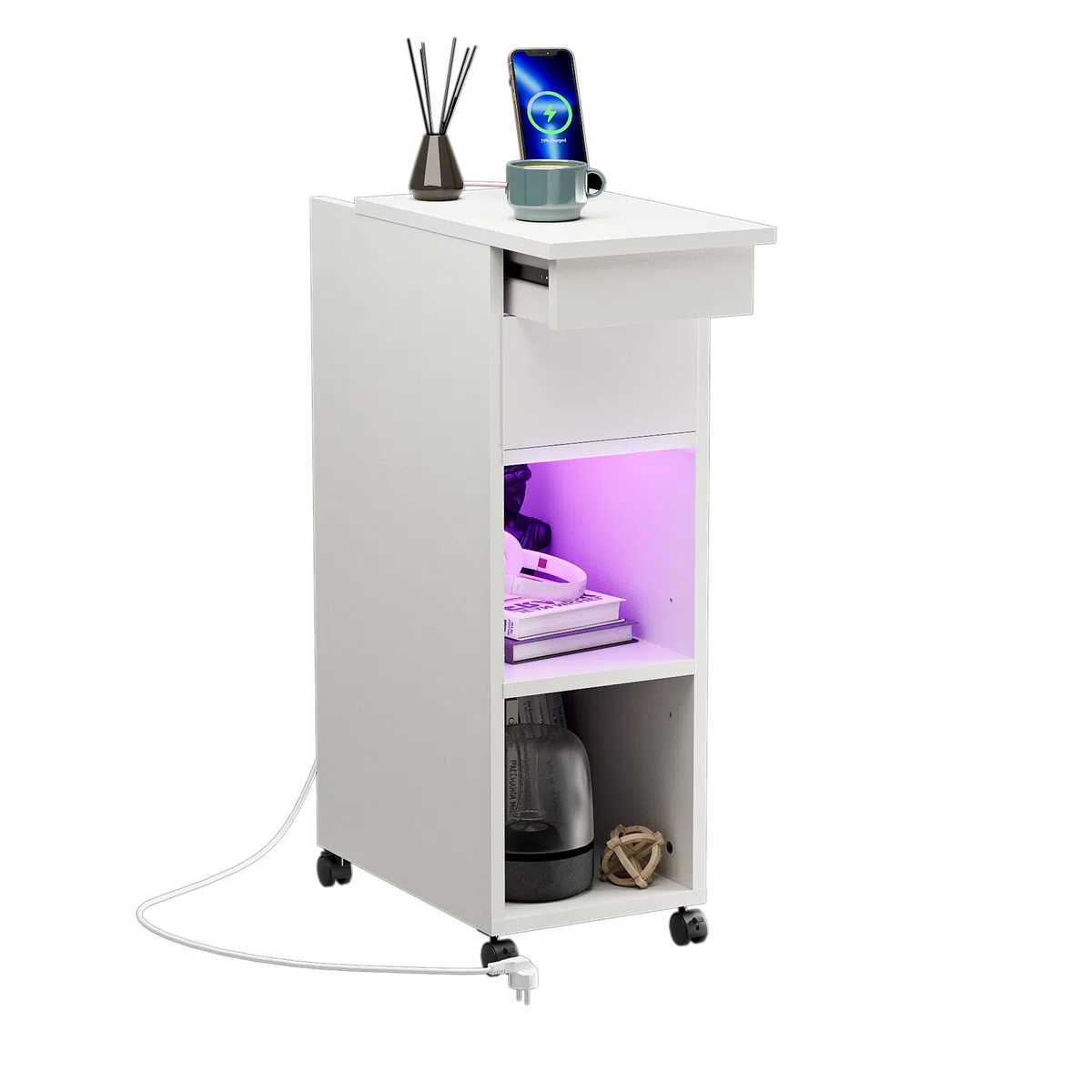 Comodino Stretto con Illuminazione a RGB LED e Stazione di Ricarica, 1 AC 2 USB Comodini con 2 Scomparti Aperti e 1 Ripiano Estraibile, 4 Rotelle, Soggiorno Studio, Moderno Bianco 25cm