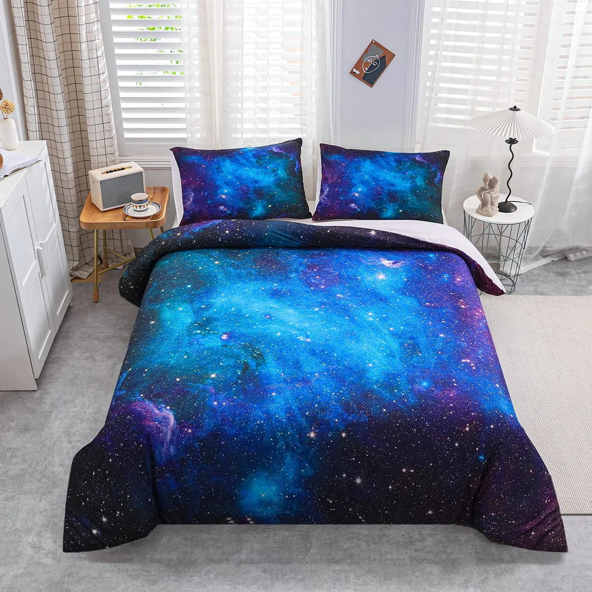 Loussiesd Galaxy Bedding Set Singolo,Spazio Esterno con Motivo Galassia Stelle nello Spazio Celeste,astronomico e Pianeti,Decorazione per Biancheria da Letto Blu,Viola