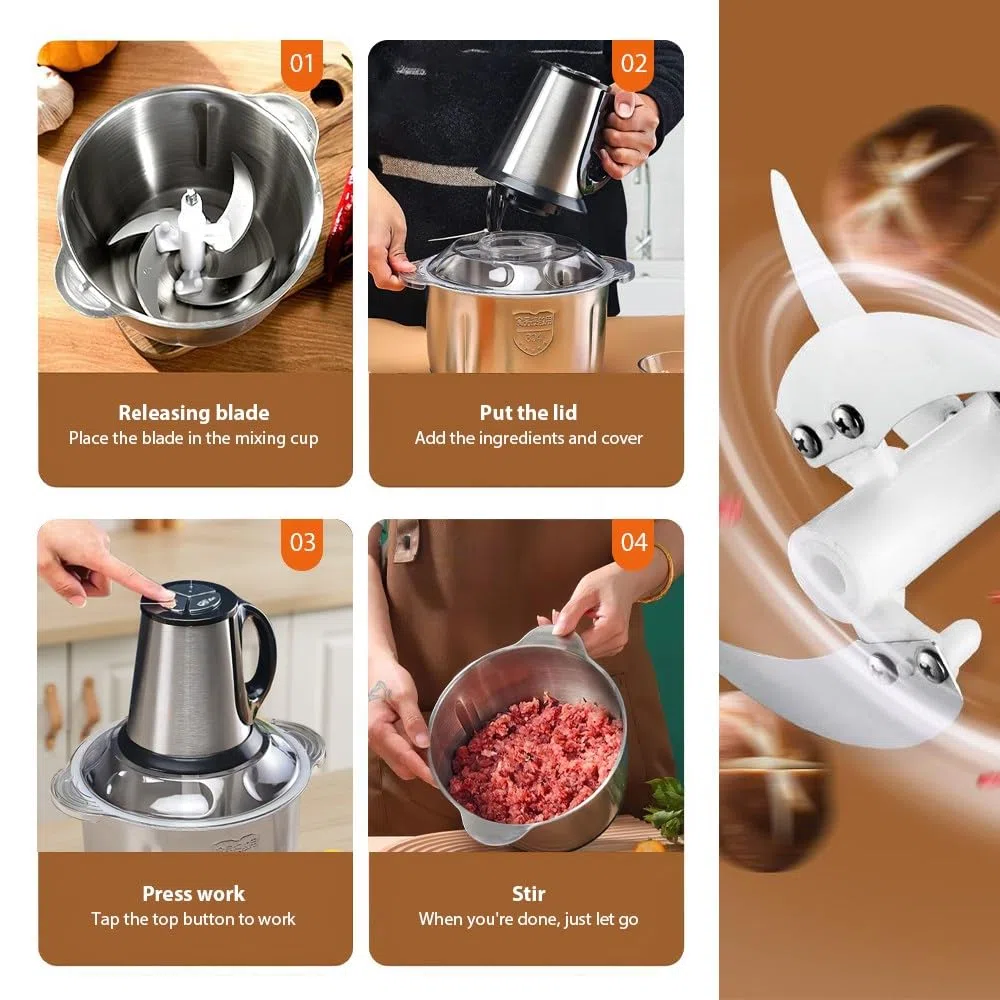Tritatutto elettrico con ciotola in acciaio inox 4L, tritacarne multifunzione 500 W, 4 lame in acciaio inox, tritacarne per tritare carne, cipolla, erbe, frutta secca veloce e senza sforzi, colore
